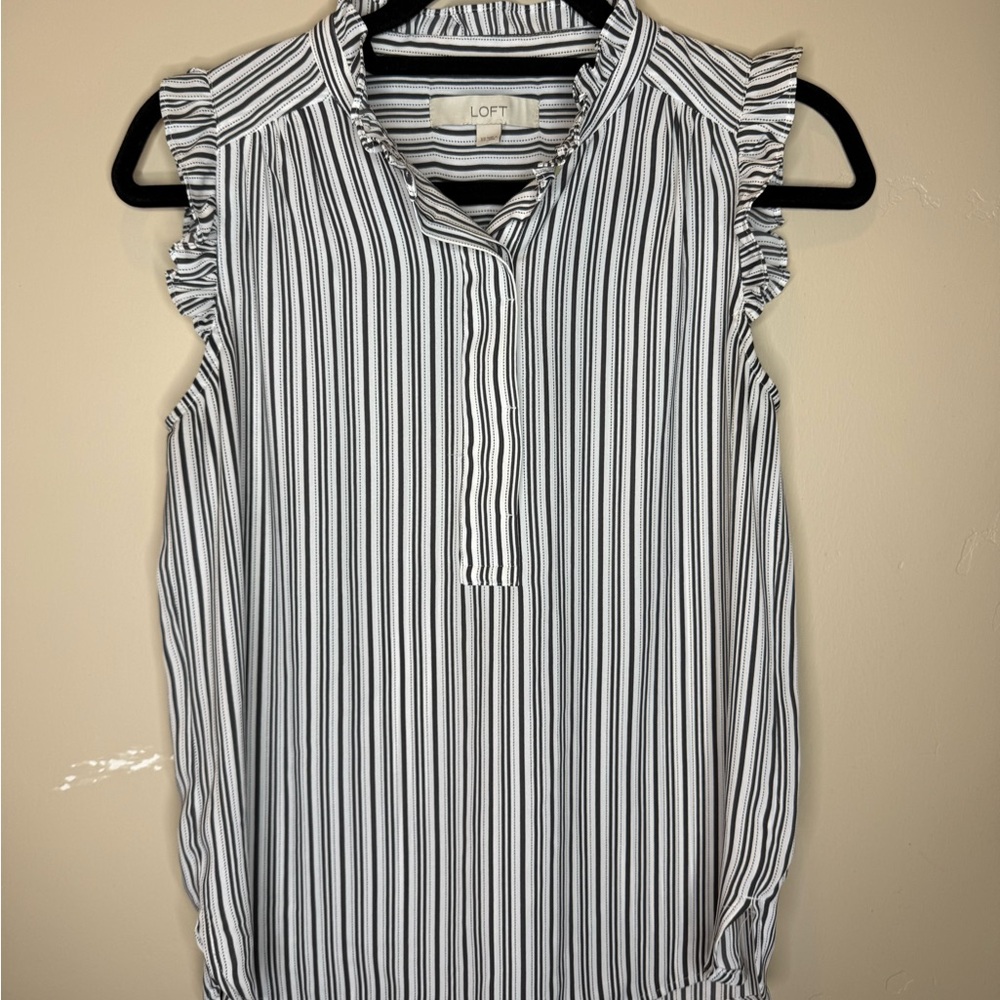 LOFT Ruffled Striped Blouse - Grey and White